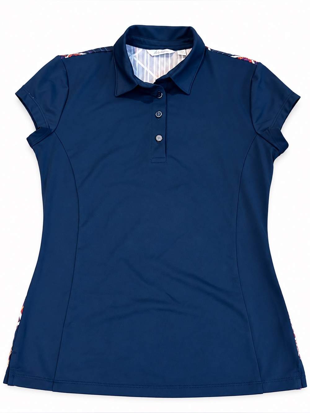 Lady Hagen- Women's Navy golf top with pleated colorful back